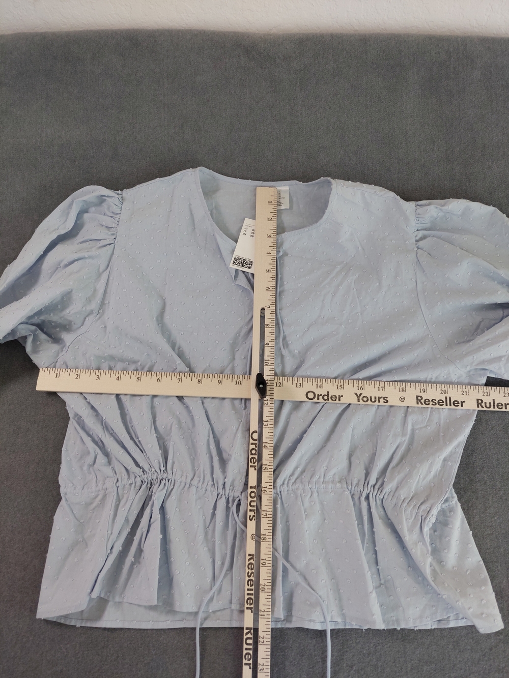 NWT H&M Divided Swiss Dot Puff Sleeve Blouse Light Blue Peplum Top XL Cotton - Picture 4 of 7